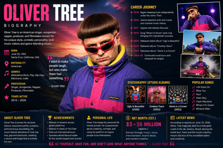 Oliver Tree biography, including his age, family, career, hit songs, albums, net worth, personal life, and latest updates about the famous American singer and songwriter.