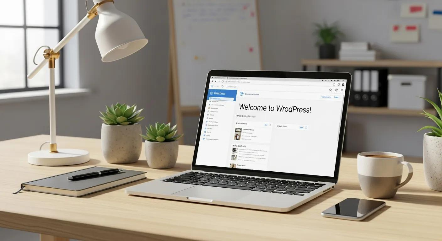Beginner blogger working on a website using a laptop at a desk